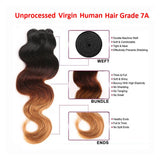 100% Virgin Brazilian Hair Extensions Grade 7A Quality 16-24inch Weave Weft Thick Body Wave Hairs 100g 18" / 18 inch, Ombre Colour (Natural Black+Light Auburn+ Honey Blonde)