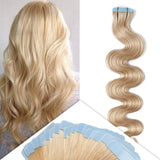 22 Inch Tape in Human Hair Extensions Wavy Thin Long Hair 50g 20pcs/pack Seamless Skin Weft Glue in Body Wave Human Hairpieces with Invisible Double Sided Tape #613 Bleach Blonde