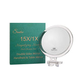 Compact Folding Hand Held Mirror/Tabletop Makeup Mirror with Two Sides of 15X Magnification & True View / 5 Inches Round Travel Mirror