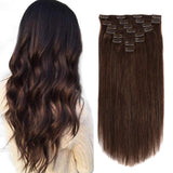 Brazilian Human Hair Clip in Hair Extensions 20inch Double Weft Straight Clip on Human Hair Dark Brown 100% Remy Hair Extension Grade 8A 8pcs/Lot 120G (20inch #2Dark Brown)