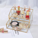 Clear Glass & Brass Metal Cosmetics Storage Display Case,Cosmetic Organizer,Glass Makeup Storage,for Countertop Bathroom Vanity Dresser Ideal Gift (GOLD-X)