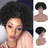 DEYNGS Short Afro Kinky Curly Wigs for Black Women, Afro Curly Wrap-wig 2 in 1 Turban Drawstring Headband Synthetic Pixie Cut Wigs for black Women (1B#)