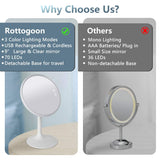 Rottogoon Makeup Mirror with Lights, Rechargeable Cordless Lighted Makeup Mirror LED Vanity Mirror with 1X/5X Magnification, 3 Color Lighting Modes Detachable Light Up Mirror Touch Screen Dimming