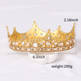 FORSEVEN King Crown for Men Crown Royal Costume Accessory Prom Tiara Baroque Vintage Crystal Pearl Bridal Wedding Tiaras Birthday Party Round Crowns (Gold)