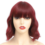 Bob Wigs for Women Short Curly Wavy Wigs with Bangs Natural Heat Resistant Synthetic Hair Red Daily Party Full Wig (Wine Red)