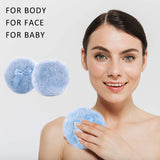 WXJ13 2 Pcs 4 inch Large Blue Fluffy Powder Puff for Body and Transparent Storage Box, Round Powder Loose Puff with Ribbon Bow Handle for Face & Body