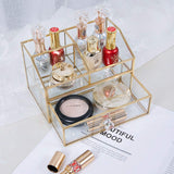 Clear Glass & Brass Metal Cosmetics Storage Display Case,Cosmetic Organizer,Glass Makeup Storage,for Countertop Bathroom Vanity Dresser Ideal Gift (GOLD-X)