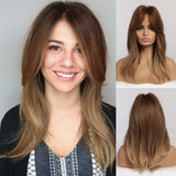 16" Ombre Brown Blonde Wigs Natural Straight Synthetic Heat Resistant Wigs for Women Layered Shoulder Length Hairstyle Fiber Wigs