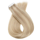 Runature Tape in Hair Extensions Human Hair Golden Blonde Highlighted With Light Blonde 14 Inch Tape on Hair 50g 20 Pieces Real Human Hair Extensions