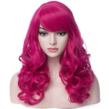 BERON Long Curly Wavy Hot Pink Wig with Bangs Rose Net Women's Halloween Cosplay Party Costume Wig (Hot pink)