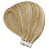 Hetto Blonde Tape in Hair Extensions for White Women 20 Inch Tape in Real Human Hair Extensions #14 Blonde Highlights with #613 Seamless Tape in Extensions Thick 50G/20Pcs