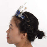 Raw Crystal Quartz Crown Crossed Clear Crystal Headband Tiara Handmade (Blue Raw Crystal with Star)