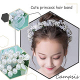 Campsis Cute Princess Wedding Headpiece Flower Wedding Hair Accessories Pearl Rhinestone Headband Bridal Wedding Tiaras for Flower Girl and Women.(White)