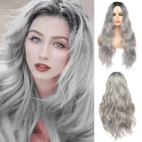Sallcks Womens Ombre Gray Wig Long Curly Wavy Wigs Middle Parting Synthetic Heat Resistant Fiber Hair Replacement Wig for Daily Party Halloween Cosplay