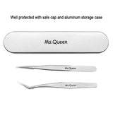 Eyelash Extension Tweezers - Professional 2 Pcs Straight and Curved Pointed Tweezers - Precision Crafted Tweezers for 3D-6D Volume False Eyelashes Extensions with Aluminum Storage Case- Ms.Queen