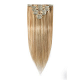 100% Human Hair Clip in Hair Extensions Highlight #12/613 Golden Brown Mix Bleach Blonde 18 Inch Long Straight 7pcs 15 Clips Balayage Clip on Thin Hairpiece 70g Machine Weft Silky Hair for Women