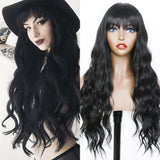 Fugady Hair Long Wavy Black Wigs With Side Bangs Synthetic Body Wave Fiber Wig Natural Curly Heat Resistant Full Machine Made Wig For Black Women Daily Cosplay Party