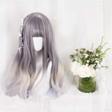 25" Women Girls Japan Harajuku Elegant Sweet Lolita Natural Looking Daily Wear Cute Long gray Blue & Khaki blend wave Curly Gradient Kanekalon Full Wig Cosplay