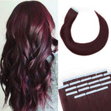 22 Inch Remy Tape in Human Hair Extensions 20pcs 50g #99J Wine Red Straight Hair Seamless Skin Weft Glue in Hairpieces with Invisible Double Sided Tape