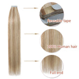 20 PCS Tape In Human Hair Extensions Double Side Tape Skin Weft Invisible Hair Extensions Hightlight Balayage Long Straight For Women (22'',50g/20pcs,#18P613 Ash Blonde&Bleach Blonde)