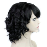 BERON Short Curly Wigs Fashion Wavy Bob Wigs with Side Bangs Short Full Synthetic Wigs for Black Women (Black)