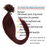 U Tip Human Hair Extensions Pre Bonded Nail Tipped Real Human Hair Piece Italian Keratin U Tip Fusion Extensions Silky Straight 100 Strands 16"-50g (#99J Wine Red)