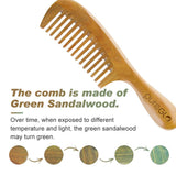 pureGLO Green Sandalwood Hair Comb | No Static Detangling Natural Aroma Handmade Wooden Comb | Wide Tooth Comb