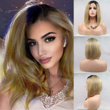 Karissa Hair Short Bob Lace Front Wigs for Women Ombre Blonde Side Part Heat Resistant Synthetic Lace Front Wig Dark Root Blonde Short Haircut Hand Tied Replacement Full Wig