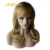 Natural Ombre Blonde Curly Wigs - Auflaund Shoulder Length Long Wavy Blonde Hair Wigs with Darker Root for Women + Wig Cap