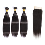 Brazilian Straight Virgin Hair 3 Bundles With Closure Free Part 100% Unprocessed Human Hair Bundles Straight Weave Hair Natural Black(16 18 20+14 Closure Free Part)