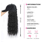 Black Wavy Wig with Hat,Synthetic Hair Extensions Attached Adjustable Black Baseball Cap Fits Women (Black)