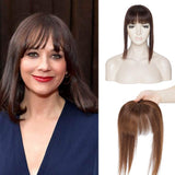 Clip In On Hair Topper with Bangs 100% Real Human Hair Toppers Mono Base Crown Topper with Wispy Bangs Middle Part Top Hairpiece for Women with Hair Loss Thinning Hair 14 Inch 4# Medium Brown