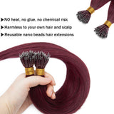 SEGO Nano Ring Bead Hair Extension 100% Remy Human Hair Extension Pre-bonded Micro Nano Rings Beads Loop Hand Tied Hairpiece Straight 18 Inch #99J Wine Red 1g/strand 50g/pack