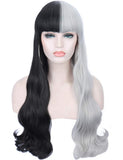 Sotica 26” Long Wavy Curly Wigs 2 Tones Half Black and Half Silver White Wigs with Flat Hair Bangs Natural Looking Heat Resistant Synthetic Full Hair Wigs for Women