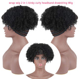 DEYNGS Short Afro Kinky Curly Wigs for Black Women, Afro Curly Wrap-wig 2 in 1 Turban Drawstring Headband Synthetic Pixie Cut Wigs for black Women (1B#)