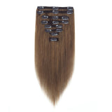 130g 16" #6 Light Brown 100% Clip In Remy Human Hair Extensions Unprocessed Top Grade 7A Long Thick Double Weft Full Head Real Straight 8 Pieces 18 Clips Hair Weaving