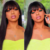 Straight Wigs with Bangs None Lace Front Wigs Glueless Machine Made Wigs for Black Women 150% Density Brazilian Remy Virgin Human Hair Wigs (16 inches, Natural Color)