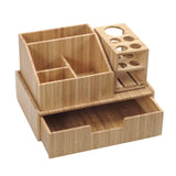 Bamboo Makeup Organizer Complete Combo, 3 PC set INCLUDES: 5 Section Brush Holder, 4 Compartment Cosmetic Caddy & Drawer for added extra storage space
