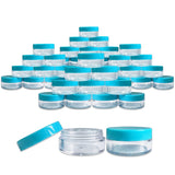 (Quantity: 100 Pieces) Beauticom 10G/10ML Round Clear Jars with TEAL Sky Blue Lids for Acrylic Powder, Rhinestones, Charms and Other Nail Accessories - BPA Free
