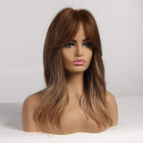16" Ombre Brown Blonde Wigs Natural Straight Synthetic Heat Resistant Wigs for Women Layered Shoulder Length Hairstyle Fiber Wigs