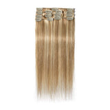 100% Human Hair Clip in Hair Extensions Highlight #12/613 Golden Brown Mix Bleach Blonde 18 Inch Long Straight 7pcs 15 Clips Balayage Clip on Thin Hairpiece 70g Machine Weft Silky Hair for Women