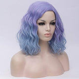 BERON 14" Womens Short Curly Wavy Wig with Synthetic Party Halloween Wigs Wig Cap Included (Light Purple Ombre Light Blue)