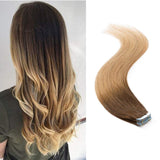 Tape in Hair Extensions Human Hair Ombre 2 Tone Double Side Tape Seamless Skin Weft Rooted Tape on Natural Hair Extensions 20pcs Long Straight Silky (24 inch 50g,#4T27 Medium Brown to Dark Blonde)