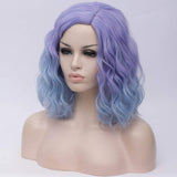 BERON 14" Womens Short Curly Wavy Wig with Synthetic Party Halloween Wigs Wig Cap Included (Light Purple Ombre Light Blue)