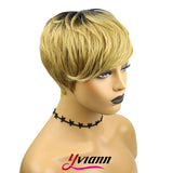 Yviann Pixie Cut Human Hair Wigs with Bangs Ombre Blonde Color Wigs Cute Short Blonde Layered Wavy Wigs for Women 1B/27 Color