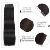 Reysaina 14inch Black Tape in Hair Extensions Human Hair Color #1 Jet Balck Seamless Human Hair Extension Tape in Extensions