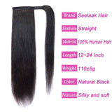 Seelaak 24inch Long Straight Remy Human Hair Ponytail Extension Wrap Around Ponytail Hair Piece with Clips Magic Paste Binding Pony Tail Hairpiece 1B# 100g/set (24inch)