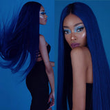 Blue Lace Front Wigs Long Straight Hair Wig Glueless Heat Resistant Fiber Hair Purple Drak Blue Synthetic Lace Front Wigs for Fashion Women (BLUE)