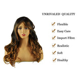 MYCHANSON Mixed long wavy Wigs with bangs 3 Tones Brown 22 Inch Long Curly wavy Full Natural Women Heat Resistant Synthetic Hair Highlights Wig Side Part Custom Party Wig