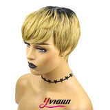 Yviann Pixie Cut Human Hair Wigs with Bangs Ombre Blonde Color Wigs Cute Short Blonde Layered Wavy Wigs for Women 1B/27 Color